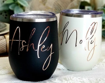 Wine Tumbler Bridesmaid Gift Rose Gold- Bachelorette Gift -Custom Personalized Monogrammed Tumbler With Lid