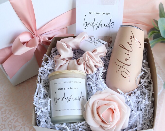 Bridesmaid gifts, bridesmaid proposal, bridesmaid box, bridesmaid proposal box, wedding day gifts, bridal party tumblers, bridesmaid flute