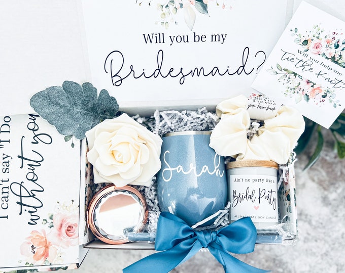 Dusty Blue Bridesmaid proposal box Bridesmaid gift bridal party scrunchie candle I can't say I do without you will you help me tie the knot