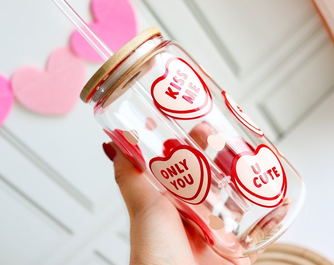 Valentines day gift | valentines day tumbler | conversation hearts tumbler | valentines libbey glass Valentines day gift for friend for kids