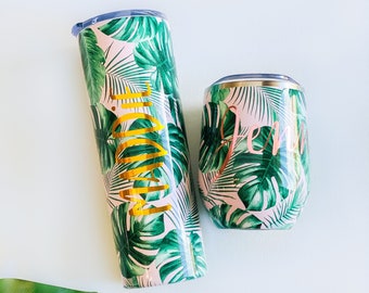 Palm tree destination wedding tropical wedding Pink Banana Leaf Tumbler Palm Leaf Bachelorette Party Gift Tropical Bridesmaid Gift Beach