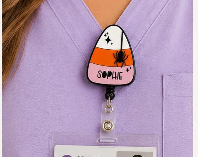 Personalized Candy Corn Badge Reel, Halloween Retractable ID Holder, Custom Nurse Badge Reel