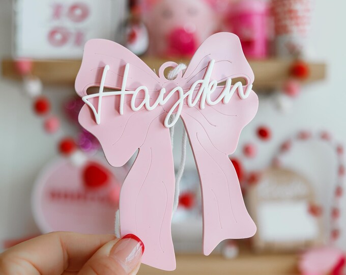 Bow Name Tag, bow charm,  Bow name tag, valentines name tag, valentines gift, galentine tag, coquette pink aesthetic, bow baby tag
