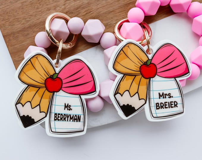 Teacher gift, teacher keychain Personalized Teacher Appreciation Gift Acrylic Keychain, Monogrammed Key Chain, Bow Pencil Keychain with Name