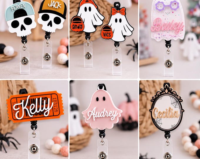 Personalized Halloween Badge Reel, Fall ID Badge Holder, Custom Name Badge Reel, Teacher Badge Reel, Ghost Pumpkin Badge, Office Staff Gift