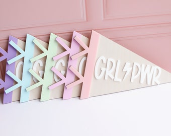 Girl Power Pennants Sign, GRL PWR Pennant Banner, Flag Shelf Decor, Girls Bedroom Decor Boho Decor Wooden Girl Boss Nursery Decor Girl decor