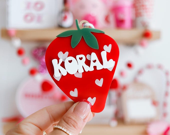 strawberry name tag, strawberry name tag, valentines basket tag, love basket tag, strawberry  charm, personalized strawberry tag