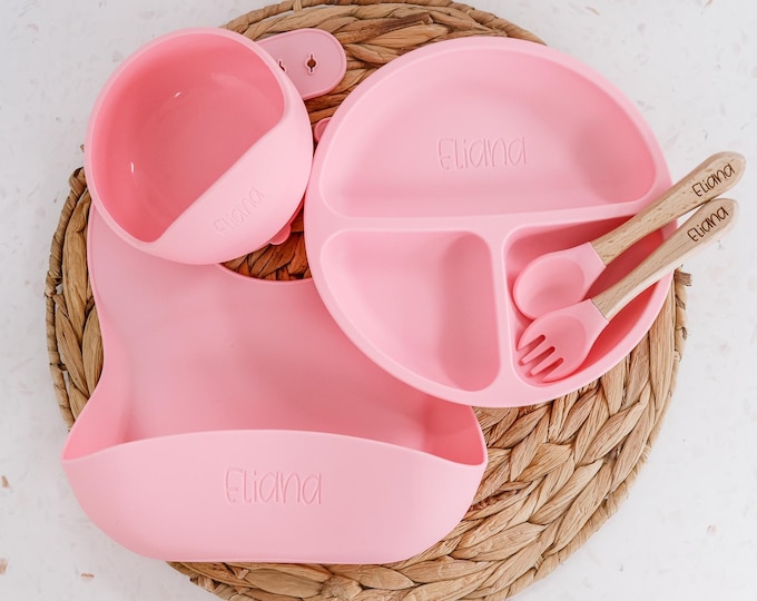 Baby feeding set silicone, Personalized Silicone Baby Weaning Set,Feeding Set with Name, Engraved Toddler Feeding Set,Kids Silicone Plate,