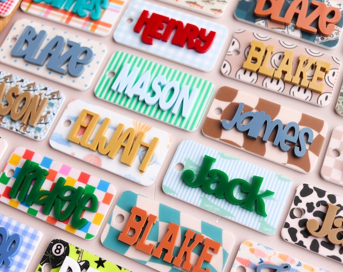 Backpack Name Tag for boys, Custom Acrylic Name Tag, Personalized Bag Charm, Diaper Bag Tag, Kids Luggage Tag