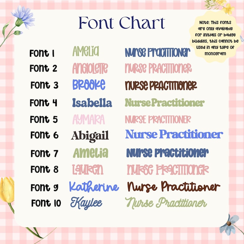 The image is a font chart that lists various font names, including "Amelia", "Angiolote", "Brooke", "Isabella", "Abigail", "Amelia", "Abigail", "Lauren", "Avery", "Abigail", "Lauren", "Katarine", and "Kaylee".