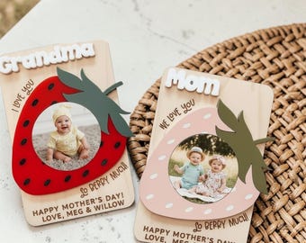 Personalized Photo Magnet for Mom, Strawberry Fridge Magnet, Grandma Gift, Custom Picture Frame Magnet, Mother’s Day Gift from Kids