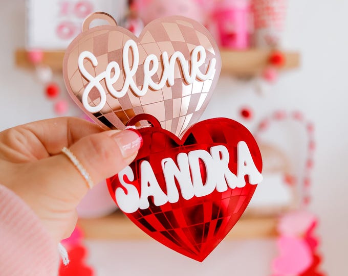 Disco ball tag, heart disco ball tag, valentines name tags for teen, valentines gift for teen valentines gift for woman, name tag