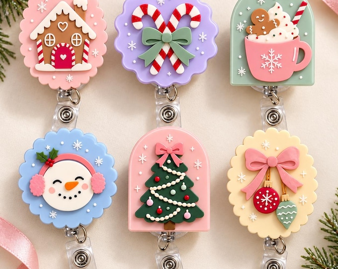 Pastel Christmas Badge Reel, Acrylic ID Holder, Nurse or Teacher Gift, Gingerbread, Snowman & Holiday Designs