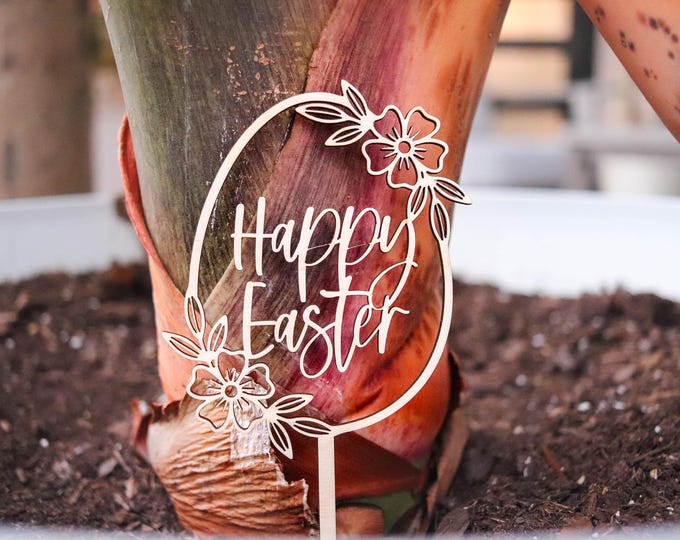 Easter Plant Sign, Flower Pot Decoration, Easter Plant Sticks, Wooden Easter Egg, Christian Home Decor, Spring home decor
