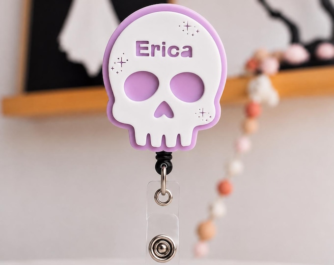 Halloween Skull Badge Reel, Personalized RN Retractable ID Badge Holder, Nurse Badge Reel