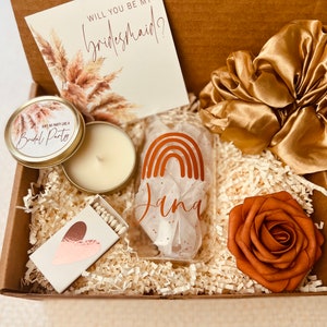 Neutral tones wedding, terracotta Wedding, pampas wedding, bridesmaid beer can glass I can't say I do box, Bridesmaid Proposal Box candle