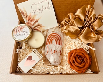 Neutral tones wedding, terracotta Wedding, pampas wedding, bridesmaid beer can glass I can't say I do box, Bridesmaid Proposal Box candle