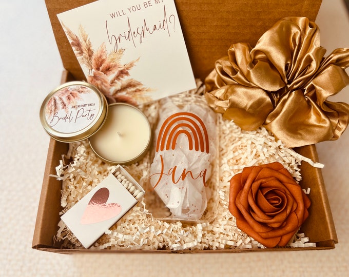 Neutral tones wedding, terracotta Wedding, pampas wedding, bridesmaid beer can glass I can't say I do box, Bridesmaid Proposal Box candle