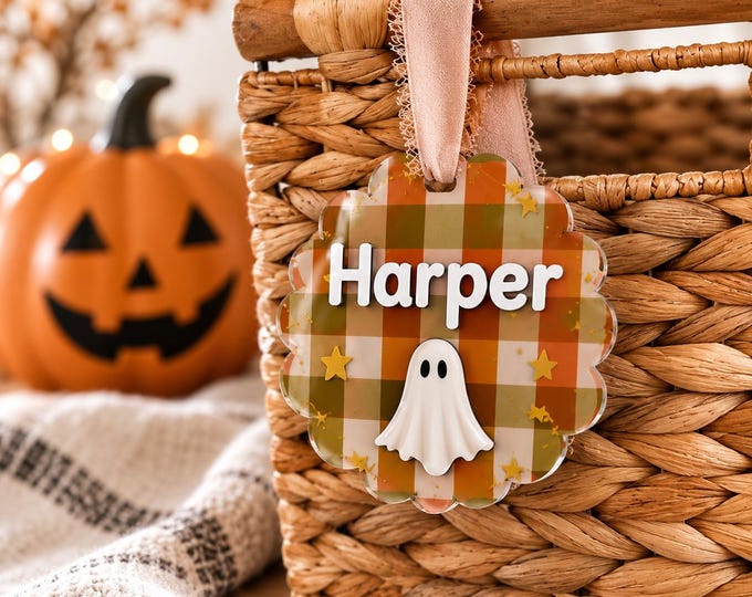 Personalized Halloween Basket Tag, Kids Trick or Treat Bag Tag, Custom Name Acrylic Ghost Tag, Halloween Basket Name Tag