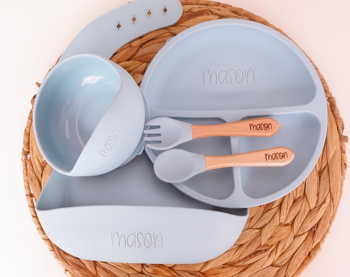 Baby feeding set silicone, Personalized Silicone Baby Weaning Set,Feeding Set with Name, Engraved Toddler Feeding Set,Kids Silicone Plate,