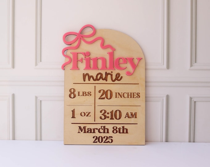 Girl Birth Name Sign Bow Hospital Announcement for Baby Girl Birth Announcement Name Sign Announcement Plaque with Bow