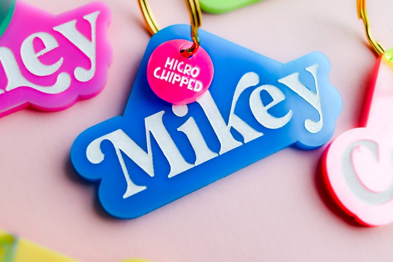 Pu&ograve; includere: Un'etichetta per il nome in plastica blu con la parola "Mikey" in lettere bianche. Un'etichetta in plastica rosa con le parole "MICRO CHIPPED" &egrave; attaccata all'etichetta blu con un anello dorato.
