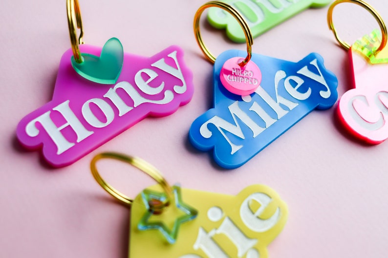 Pu&ograve; includere: Quattro targhette identificative per animali domestici in plastica colorata con anelli portachiavi dorati. Le targhette hanno la forma di un cuore, una stella e due forme irregolari. Le targhette sono etichettate "Honey", "Mikey", "Otie" e "C". Una targhetta ha un cerchio rosa con il testo "Micro Chipped".