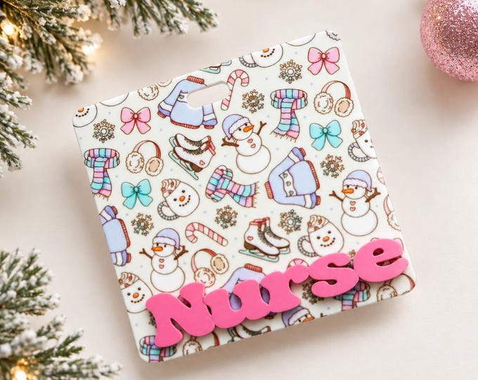 Christmas Badge Buddy with Custom Title, Vertical Acrylic ID Backer, Winter Snowman and Bow Designs
