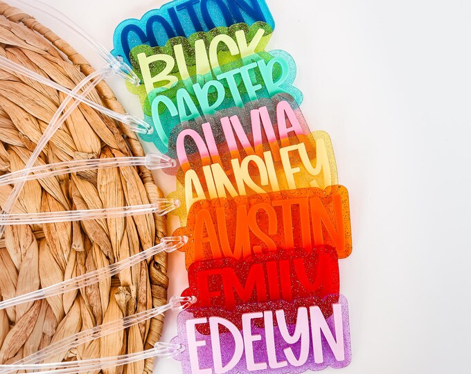 Glitter Backpack Keychain Name Tag | Personalized Name Keychain | Diaper Bag Tag | Lunch Box Tag | Kids Tag | Personalized Acrylic Name Tag