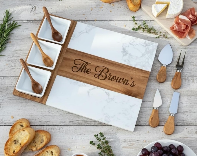 Personalized Charcuterie Board for Housewarming, Custom Engraved Cheese Board Set with Bowls & Knives, Marble and Wood Serving Board