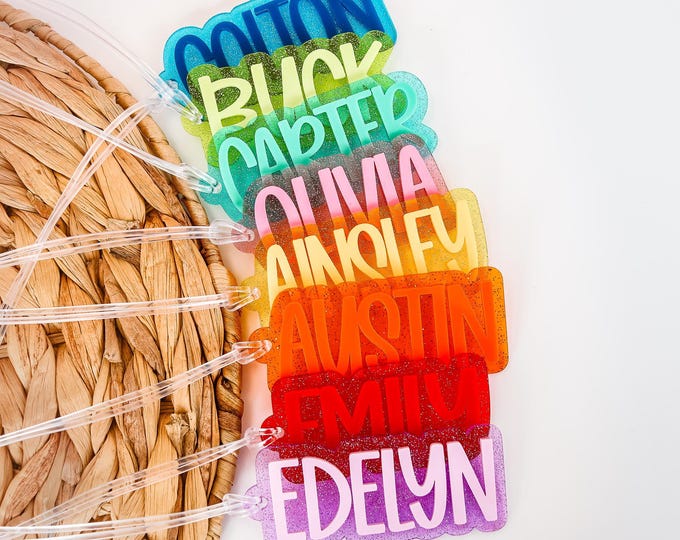 Glitter Backpack Keychain Name Tag | Personalized Name Keychain | Diaper Bag Tag | Lunch Box Tag | Kids Tag | Personalized Acrylic Name Tag