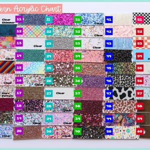 May include: A pattern acrylic chart with 60 color and pattern samples. The chart includes glitter, clear, and patterned acrylics, with options like stars, leopard print, and checkerboard. The text "Pattern Acrylic Chart" is at the top.