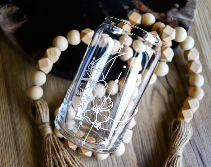 Floral Moon Beer Can Glass-Coffee | Coffee Glass | Crystals Gift | Beer Can Glass With Lid | Iced Coffee Glass | Gifts Under 20