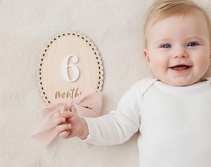 Baby Monthly Milestone Sign with Ribbon Bow, Reversible Month and Months, Nursery Photo Prop, Baby Shower Gift, Growth Tracker