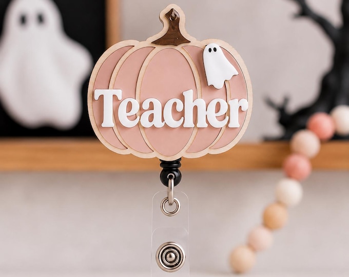 Personalized Halloween Badge Reel, Black Pumpkin Retractable ID Holder, Custom Nurse Badge Reel