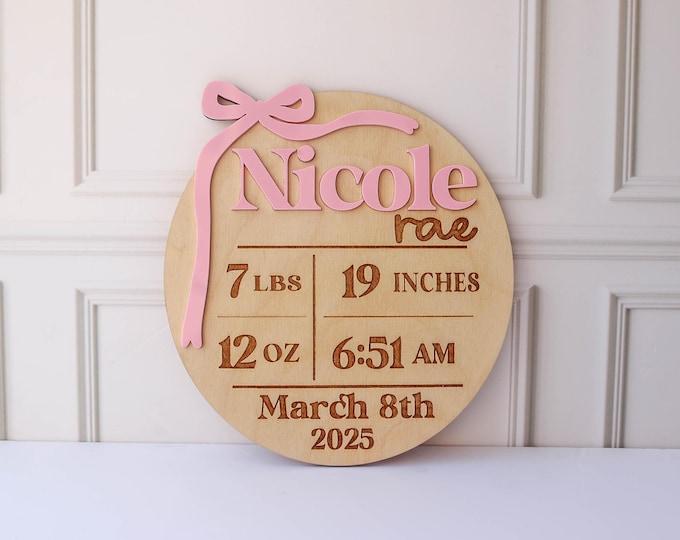 Girl Birth Name Sign Bow Hospital Announcement for Baby Girl Baby girl gifts Birth Announcement Name Sign Announcement Plaque with Bow