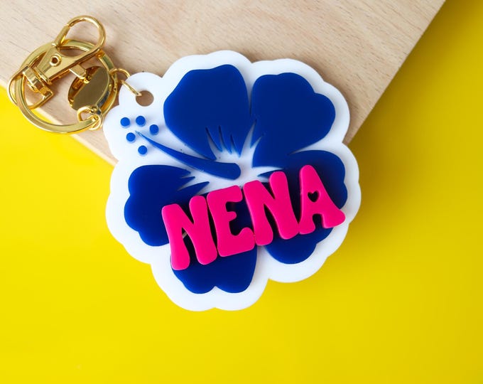 Personalized Hawaiian Flower Keychain, Personalized Tropical Hibiscus Name Keychain, Aesthetic Island Gift, Summer Bag Tag, Summer Keychain