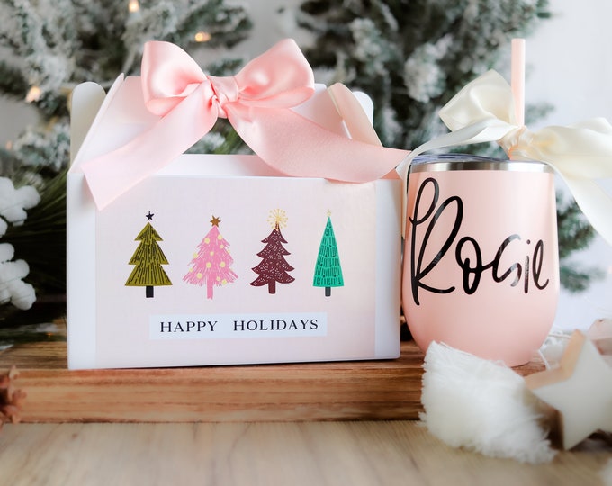 Boho Christmas trees, Christmas Box, Christmas gift set, Christmas gift box, gift for her personalize Wine Glass Christmas beer can glass