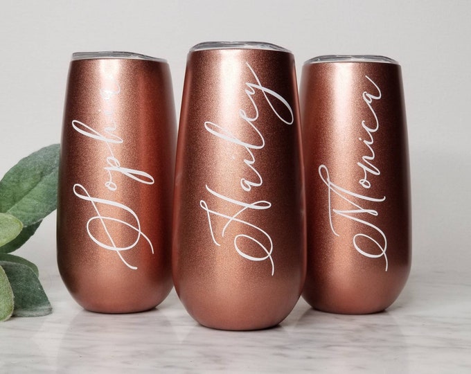 Champagne Flutes Bridesmaid Gift Wine Tumbler- Bachelorette Gift, Rose Gold, Custom Personalized Monogrammed Tumbler With Lid
