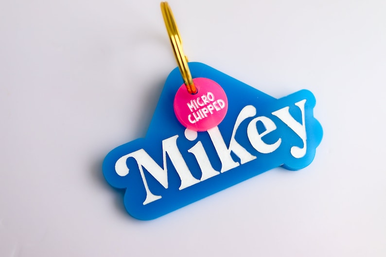 Pu&ograve; includere: Un'etichetta di identificazione per animali domestici in plastica blu con il nome "Mikey" in lettere bianche. Un cerchio rosa con il testo "MICRO CHIPPED" &egrave; attaccato all'etichetta.