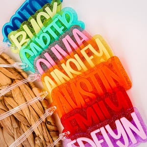 Glitter Keychain Name Tag | Personalized Backpack Name Keychain | Girly name Tag | Dance Bag Tag  Glitter Tag  Personalized Acrylic Name Tag