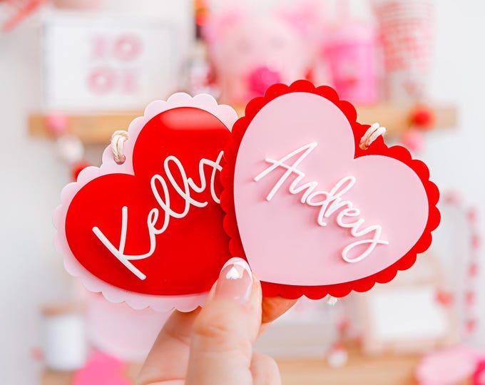 Valentine's Name Tag, Valentine's Party favor, Galentine's Party Favor, Pink and red name keychain, backpack name tag, Heart Shape Name Tag