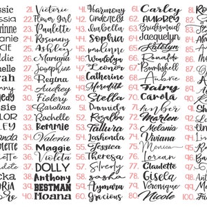 May include: A list of 100 names in cursive script. Names include Classic, Alessia, Gracie, Maddie, Kennedy, Taylor, Kiley, Amanda, and more. The names are in black and pink.