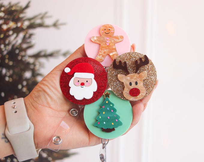 Nurse Badge Reel, teacher lanyard, Stocking stuffer, Christmas Badge Reel, Acrylic Holiday ID Badge,  thanksgiving badge reel