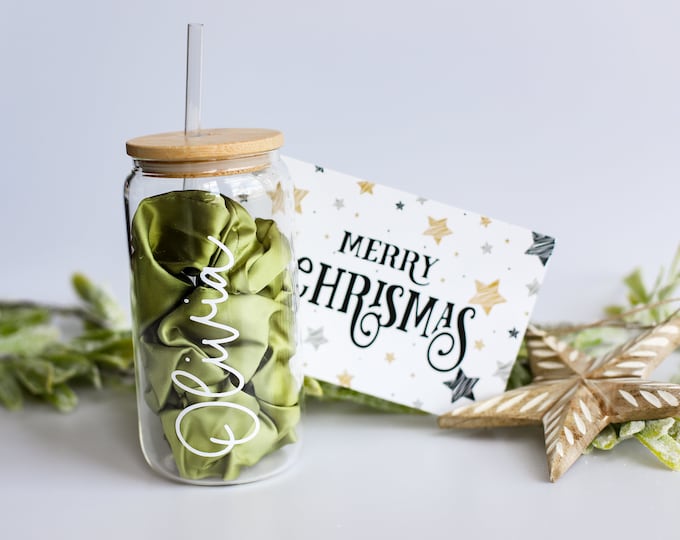 Personalized Christmas Gift Set, Personalized Glass Can Cup, Christmas Gift, Custom Name Tumbler, 16 oz Straw Lid, personalized libbey glass