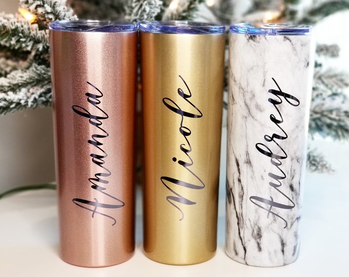 Tumbler With Lid and Straw Rose Gold & Gold, Stainless Steel, Skinny Tumbler, Personalized Gift for Mom, Christmas Gift for He