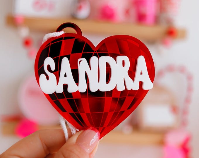 Heart disco ball tag, valentines name tags for teen, valentines gift for teen valentines gift for woman, name tag,  Disco ball tag