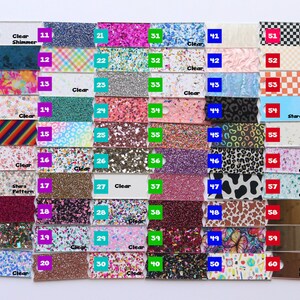 May include: A color chart featuring 60 different acrylic and glitter sheets. The samples include various colors, patterns, and finishes, such as glitter, shimmer, and mirror effects. Each sample is labeled with a number and a description.