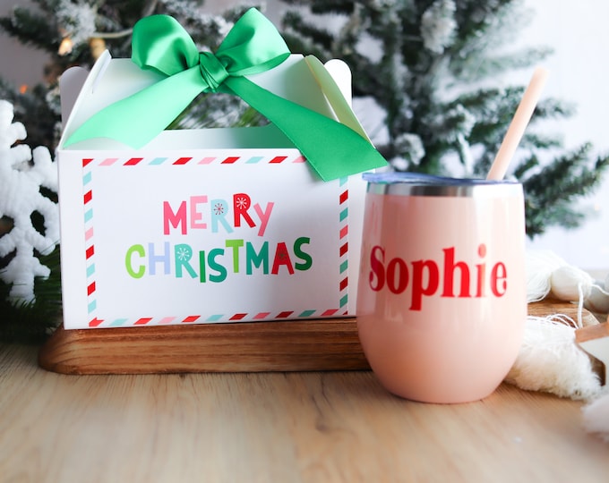 Boho Christmas trees, Christmas Box, Christmas gift set, Christmas gift box, gift for her personalize Wine Glass Christmas beer can glass