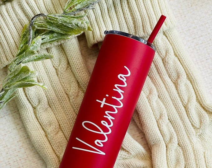 Custom Tumbler with name, Red Tumbler,  cup, Stainless steel Bridesmaid Metal Tumbler, Bridal Party cup, Cup with straw